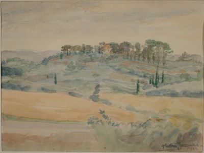 peinture représentant un paysage vallonné avec des arbres et des collines au loin