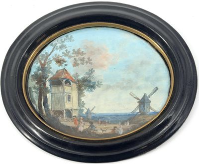 une image représentant un tableau sur lequel figurent un moulin à vent et une maison attenante au moulin