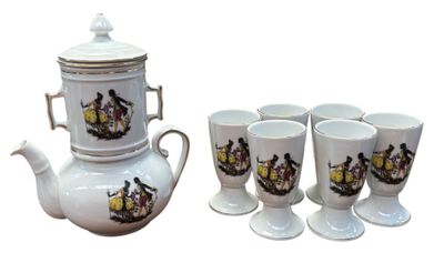 four cups and a teapot sitting next to each other