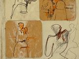 croquis représentant une femme assise sur un tabouret, avec un homme debout à côté d'elle