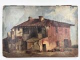 an old painting of a building with a horse and buggy in front of it
