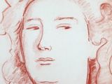 drawing of a woman ' s face with a cat on her head