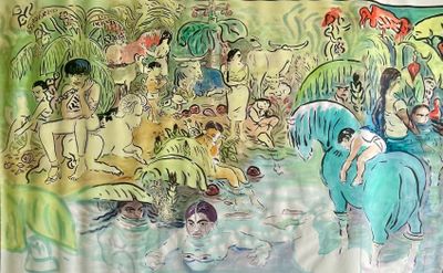un tableau représentant un groupe de personnes à cheval dans l'eau