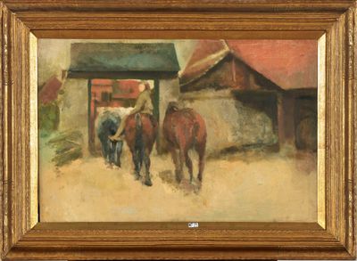 Huile sur toile "Retour à la ferme".