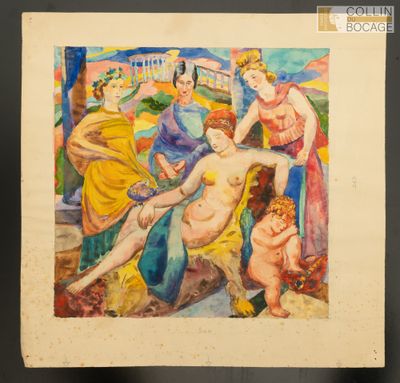 une image d'un tableau représentant un groupe de personnes assises sur un banc