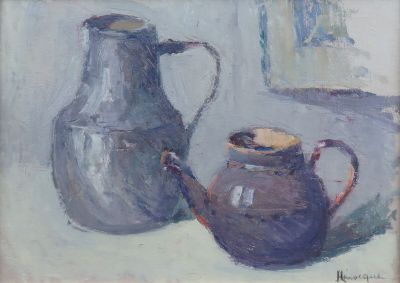 tableau représentant un pichet et une théière posés sur une table