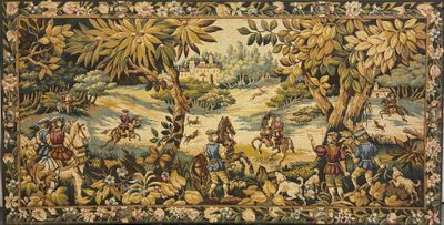 une image représentant une tapisserie où l'on voit des personnages et des animaux dans une forêt