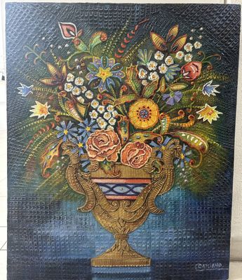 a painting of a vase filled with flowers on top of a table