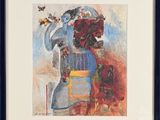 painting of a woman with a bird cage and flowers in a vase