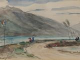a watercolor painting of people on the beach by the water