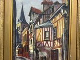 painting of a street scene with a horse and carriage in front of a building