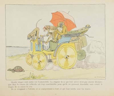 un dessin représentant un homme au volant d'une voiture sur laquelle se trouvent un chien et un chat
