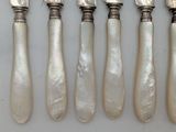 six silverplated flatwares with mother of pearl handles on a white surface