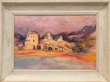 an oil painting of a church on a hill with mountains in the background