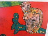 un tableau représentant un homme assis sur une surface rouge