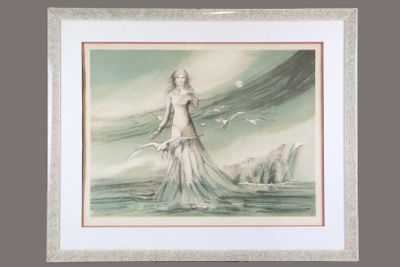 painting of a woman in a white dress standing on a beach