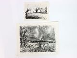 two black and white drawings of a man and a woman in a field