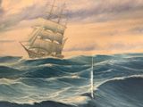 a painting of a sailboat in the middle of a large body of water