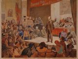 une image représentant un tableau où l'on voit un homme prononçant un discours devant une foule