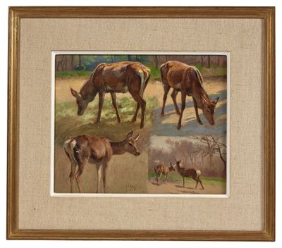 tableau représentant un groupe de cerfs paissant dans un champ, avec des arbres en arrière-plan