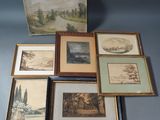 several framed and unframed pictures of a landscape and a river