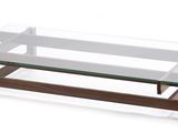 glass coffee table with wooden legs and a glass top