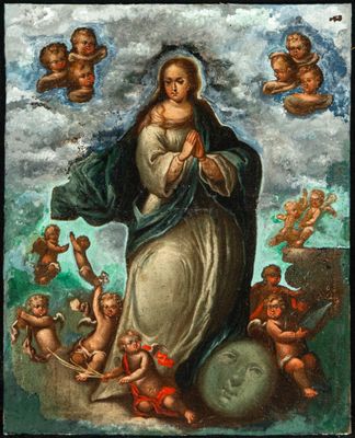 an image of a painting of the virgin surrounded by angels