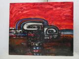 une peinture à l'huile représentant un camion avec un ciel rouge en arrière-plan