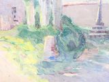 a painting of a painting of a building and trees