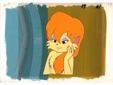 animation cel of a woman with orange hair and blue eyes looking out of a window