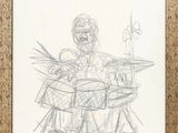 a drawing of a man sitting at a table with a guitar
