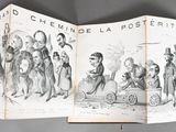 an open book with a drawing of a group of people on it