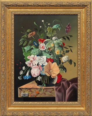 une peinture à l'huile représentant des fleurs dans un vase sur une table