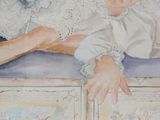 a watercolor painting of a woman laying on a bed