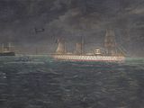 painting of a ship in the ocean with a plane flying overhead