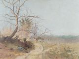 une peinture d'un chemin de terre au milieu d'un champ