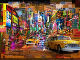 tableau représentant une rue de la ville très animée, avec une circulation intense et des enseignes au néon