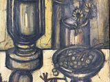 a painting of a painting of a vase and a bowl of fruit on a table