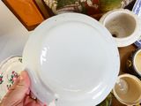 a person that is holding a plate in front of a bunch of dishes
