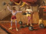 painting of two circus performers performing on a stage with a red carpet