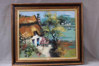 an oil painting of a house with a thatched roof and flowers