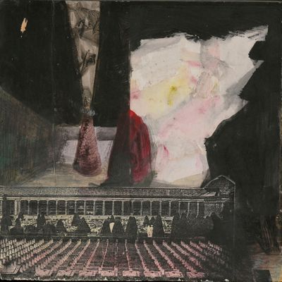 a painting of a man sitting on a stage with a flower in a vase