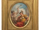 an oil painting of a woman with a sword in a gold frame