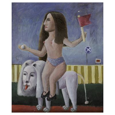 un tableau représentant une femme à cheval accompagnée d'un chien