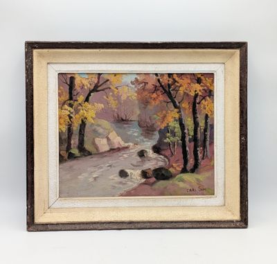a painting of a river in a wooded area with rocks and trees