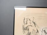 a drawing of a man riding a horse next to a dog