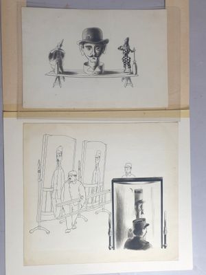 deux dessins représentant un homme et une femme portant chacun un haut-de-forme