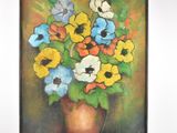 an oil painting of a vase of flowers on a table