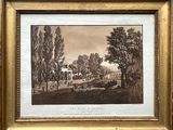 an old picture of a farm scene with a horse drawn by a man