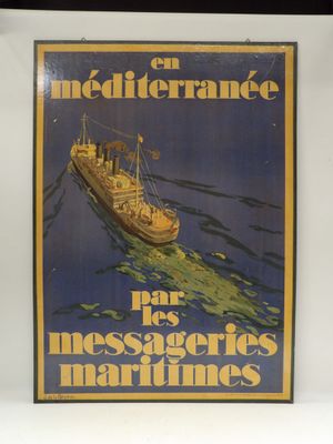 une vieille affiche représentant un bateau flottant sur l'océan, accompagnée d'une légende
